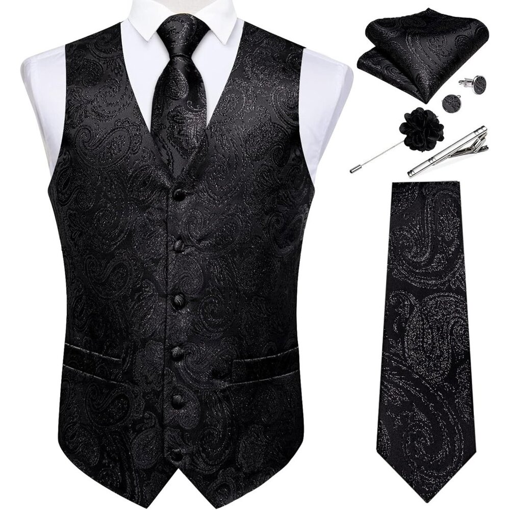 Mens Vest and Tie Set - Black Paisley02
